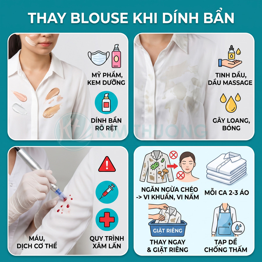Hướng dẫn thay áo blouse khi dính mỹ phẩm, tinh dầu, máu và giặt riêng để tránh lây nhiễm vi khuẩn