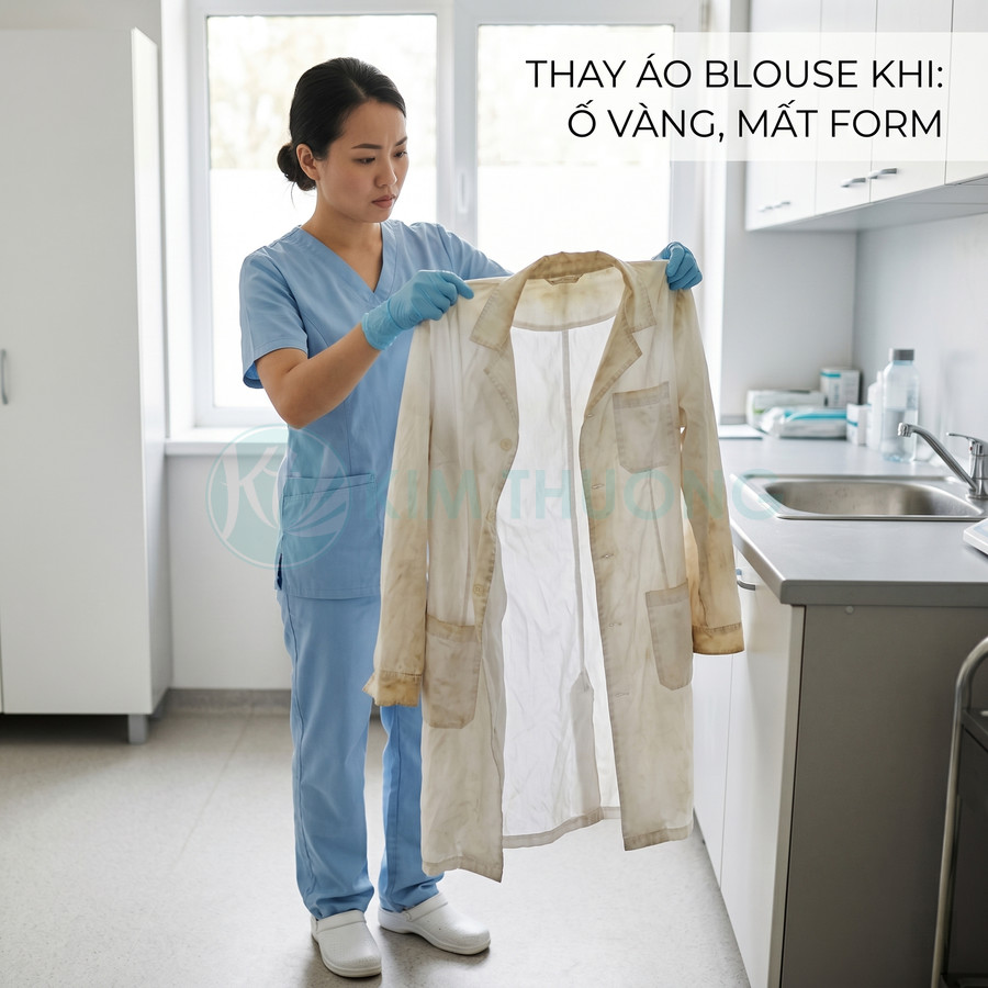 Nhân viên y tế cầm áo blouse trắng bị ố vàng và nhăn trong phòng khám sạch sẽ