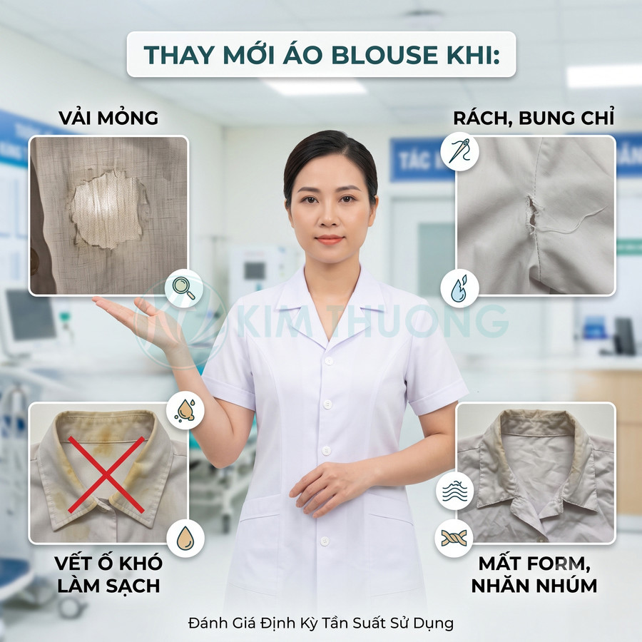 Nữ nhân viên y tế mặc áo blouse trắng mới, minh họa các dấu hiệu áo blouse cũ cần thay