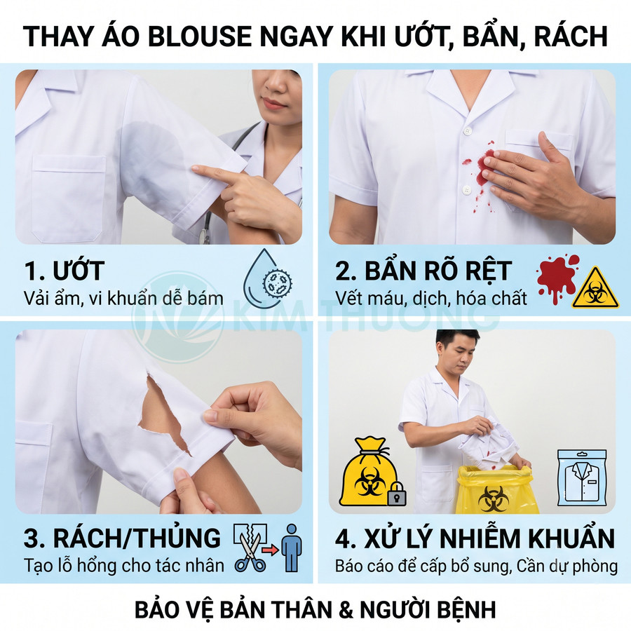 Hướng dẫn thay áo blouse y tế khi ướt bẩn rách và xử lý áo nhiễm khuẩn để bảo vệ nhân viên y tế