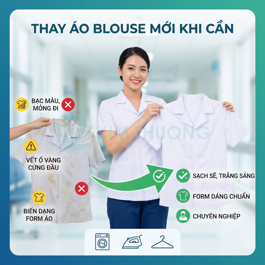 Nữ nhân viên y tế cầm áo blouse trắng mới sạch sẽ so sánh với áo blouse cũ ố vàng