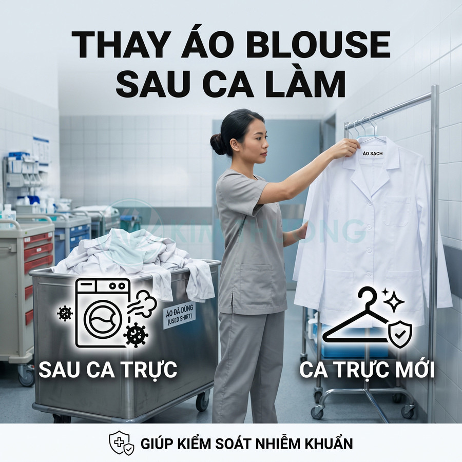 Nhân viên y tế thay áo blouse sạch sau ca làm để kiểm soát nhiễm khuẩn trong bệnh viện