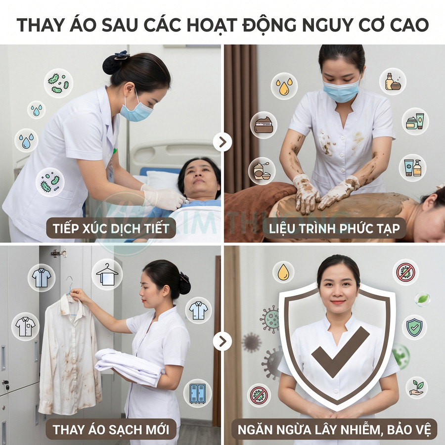 Nhân viên y tế thay áo sau khi tiếp xúc dịch tiết và liệu trình phức tạp để phòng ngừa lây nhiễm