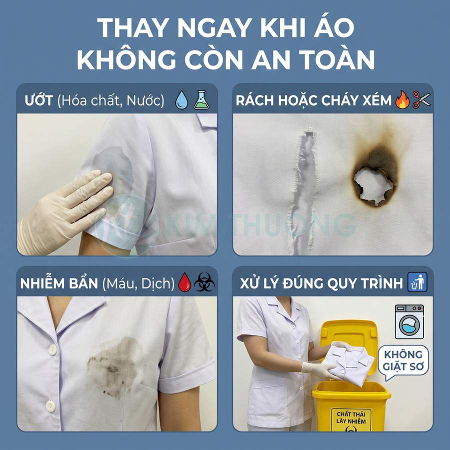 Áo blouse y tế bị ướt, rách, cháy xém hoặc dính bẩn cần được xử lý đúng quy trình, không giặt sơ