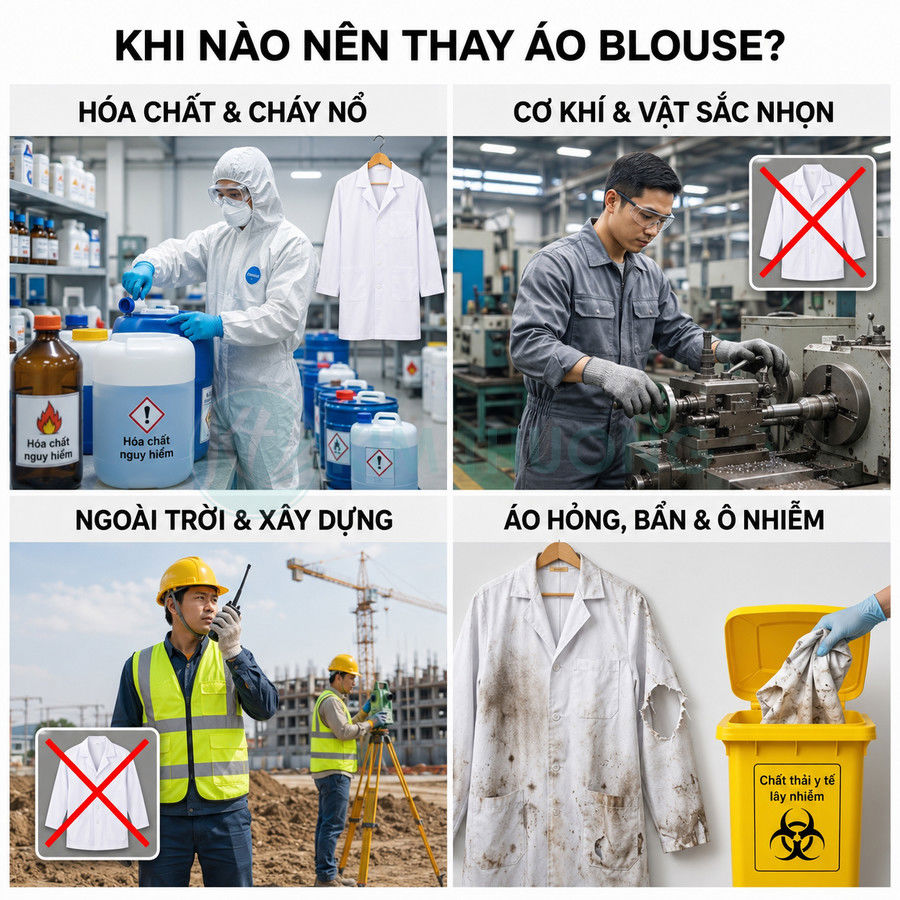 Hướng dẫn khi nào cần thay áo blouse trong môi trường hóa chất, cơ khí, xây dựng và khi áo bẩn rách