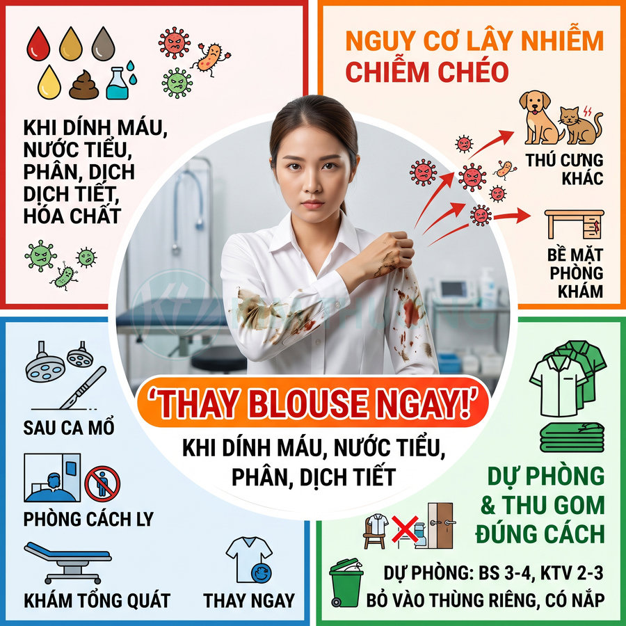 Bác sĩ thú y với áo blouse dính máu và dịch bẩn, khuyến cáo thay áo ngay để phòng ngừa lây nhiễm chéo