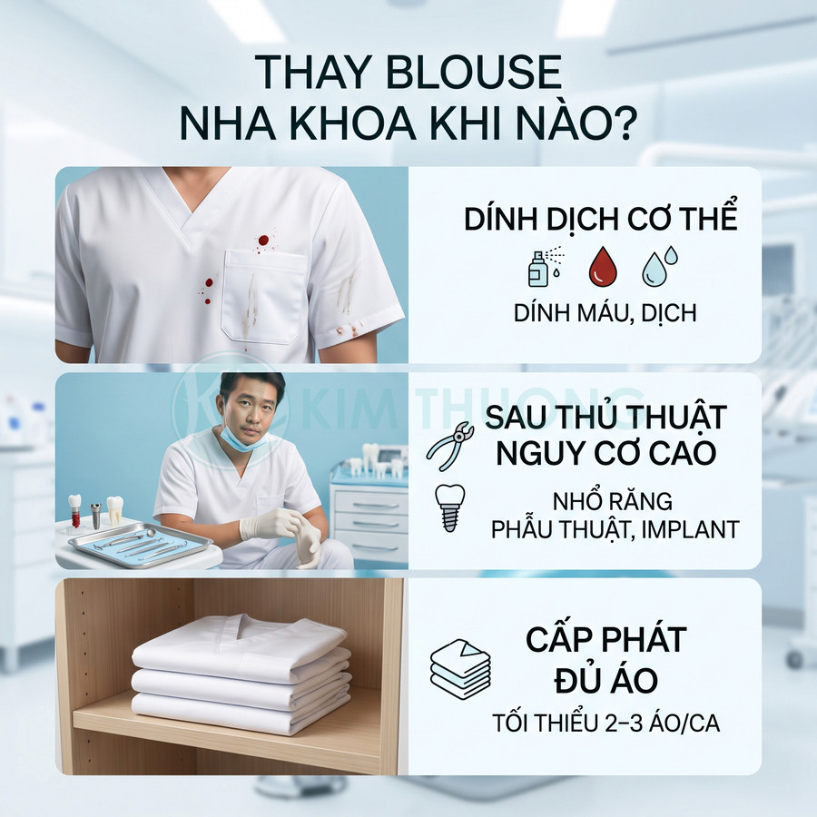 Hướng dẫn thay áo blouse nha khoa khi dính máu dịch, sau thủ thuật nguy cơ cao và cần chuẩn bị đủ áo sạch