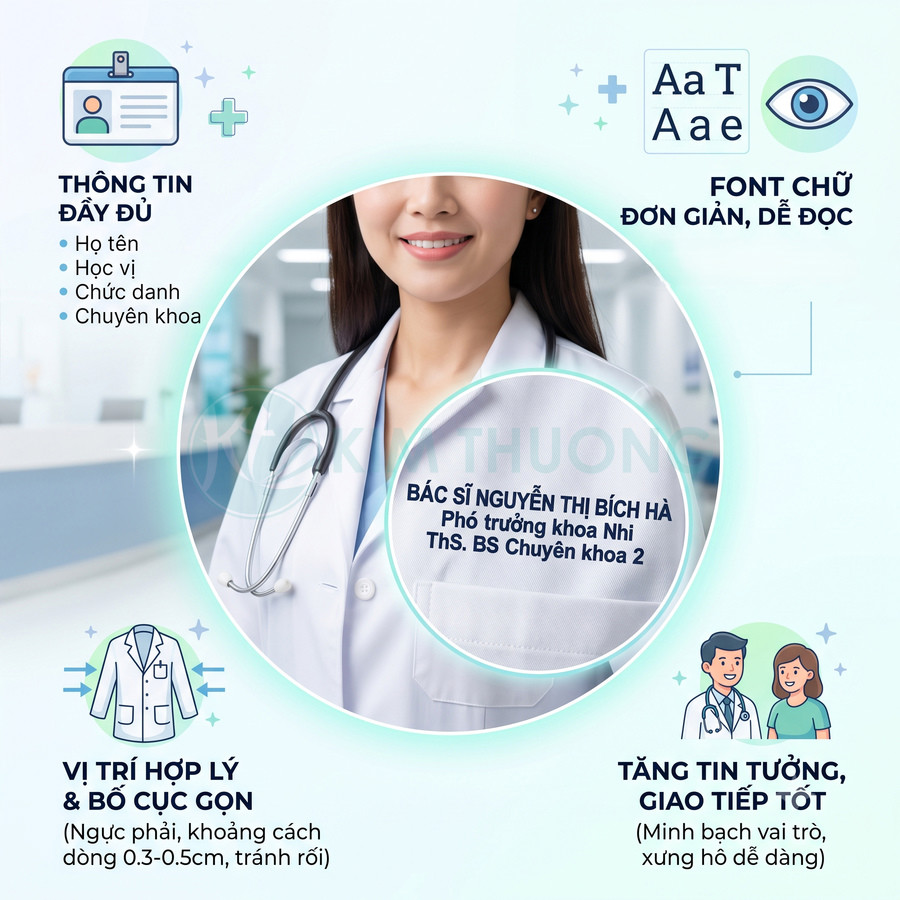 Bác sĩ nữ mặc áo blouse trắng đeo ống nghe, thẻ tên in thông tin rõ ràng giúp tăng độ tin cậy khi khám bệnh