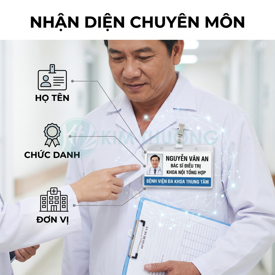 Bác sĩ mặc áo blouse trắng đeo bảng tên nhân viên bệnh viện, tay cầm bìa hồ sơ y tế