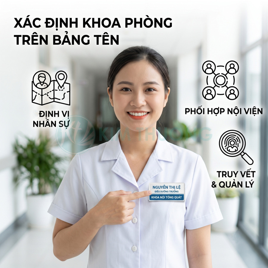 Nữ điều dưỡng mặc áo blouse trắng mỉm cười, tay chỉ vào bảng tên nhân viên bệnh viện