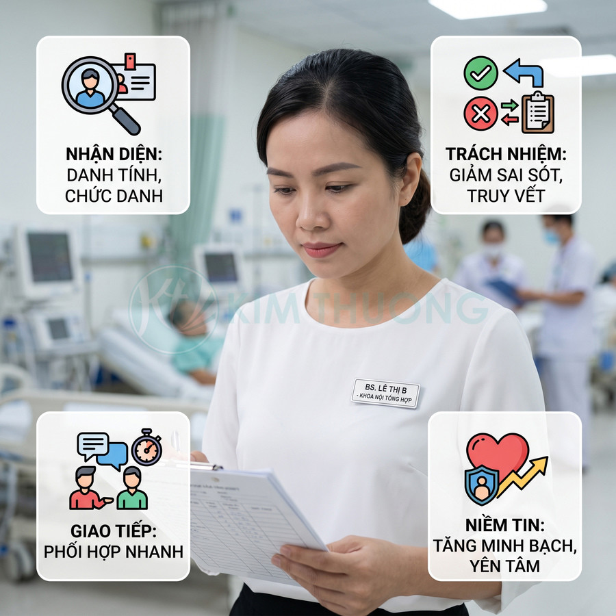 Bác sĩ đeo bảng tên đang xem hồ sơ bệnh án trong phòng bệnh với các lợi ích của bảng tên nhân viên