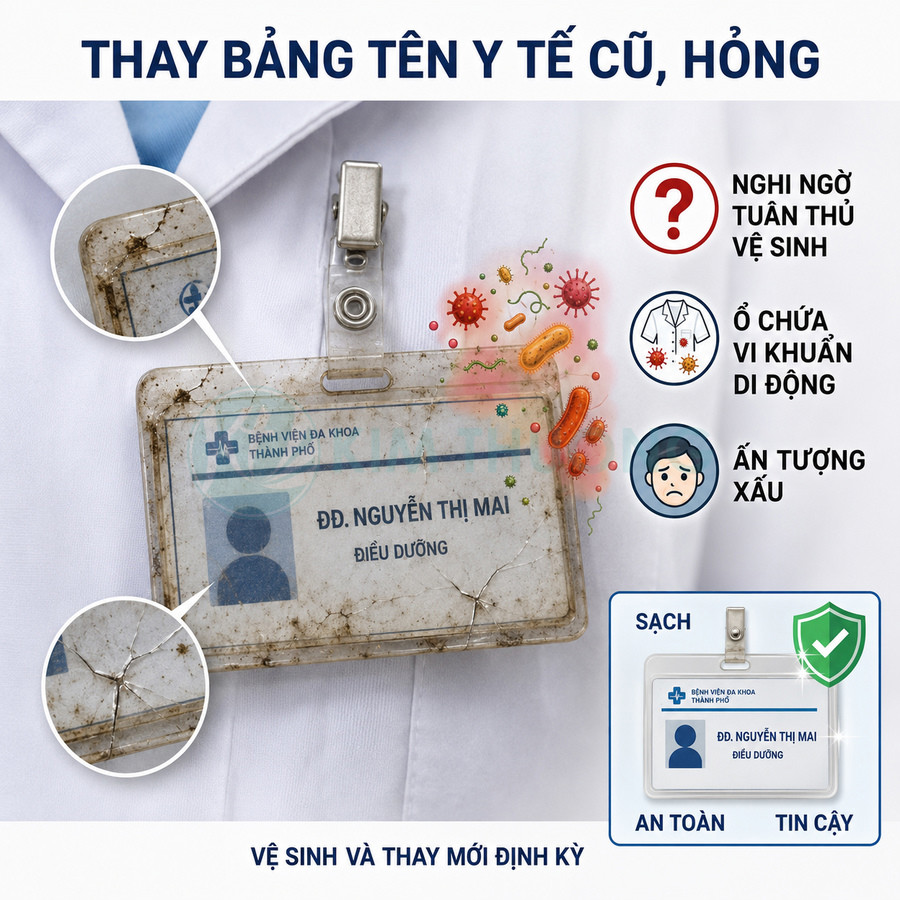 Thẻ tên nhân viên y tế cũ bẩn nứt vỡ kèm minh họa vi khuẩn và thẻ tên mới sạch an toàn