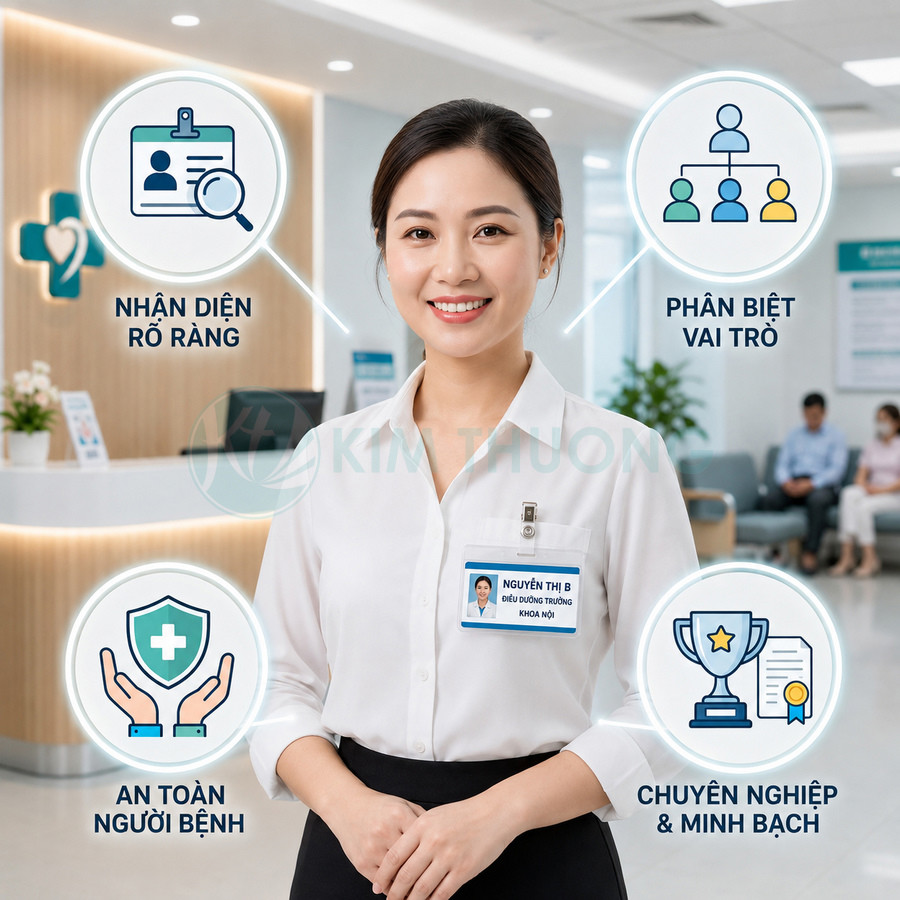 Nhân viên y tế đeo bảng tên thẻ nhựa trong suốt tại quầy lễ tân bệnh viện hiện đại