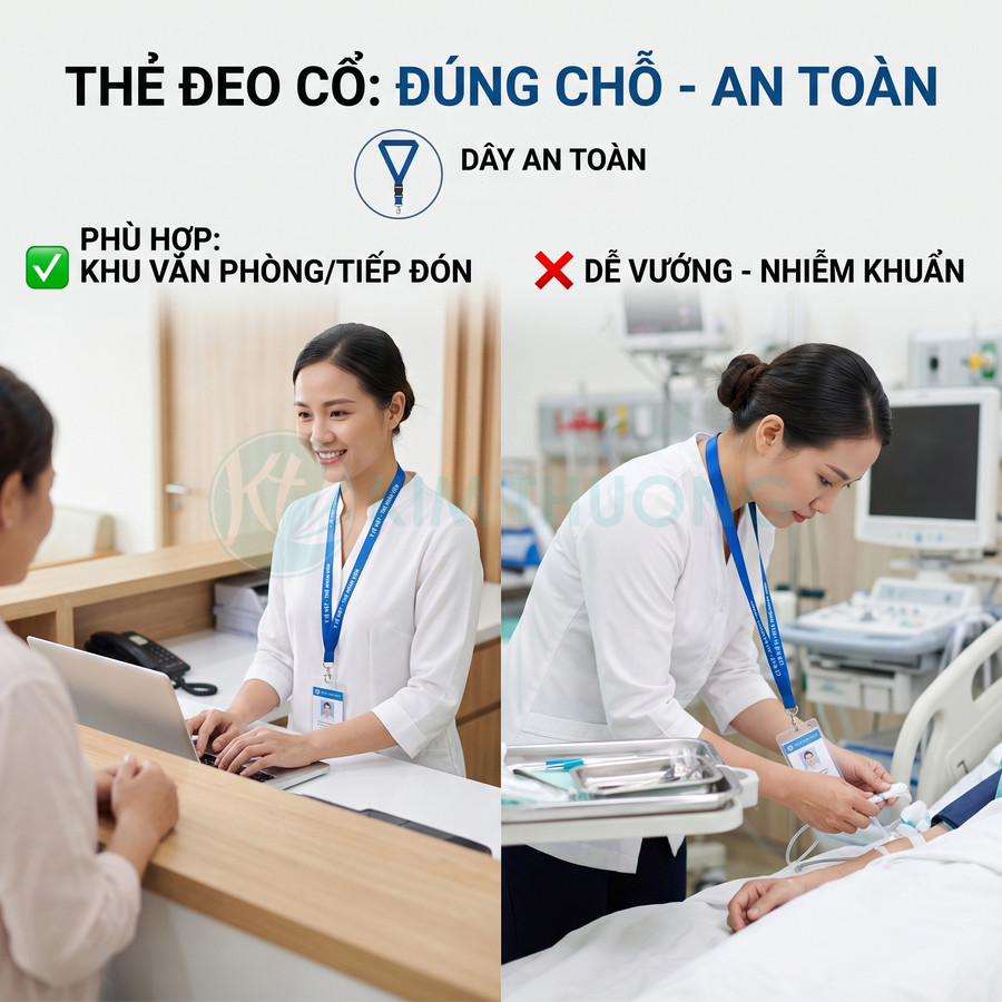 Nhân viên y tế đeo thẻ tên dây đeo cổ màu xanh làm việc tại quầy tiếp đón và chăm sóc bệnh nhân