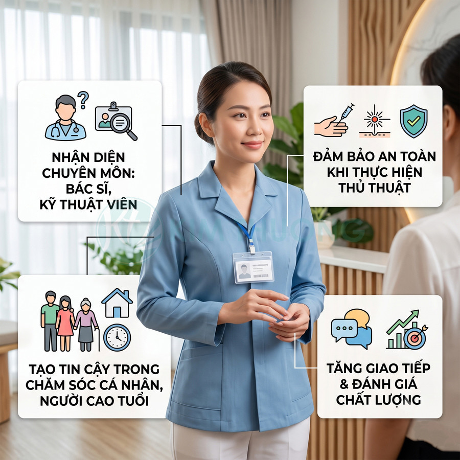 Nhân viên y tế mặc đồng phục xanh đeo bảng tên, tư vấn cho bệnh nhân với các lợi ích của thẻ tên trong bệnh viện
