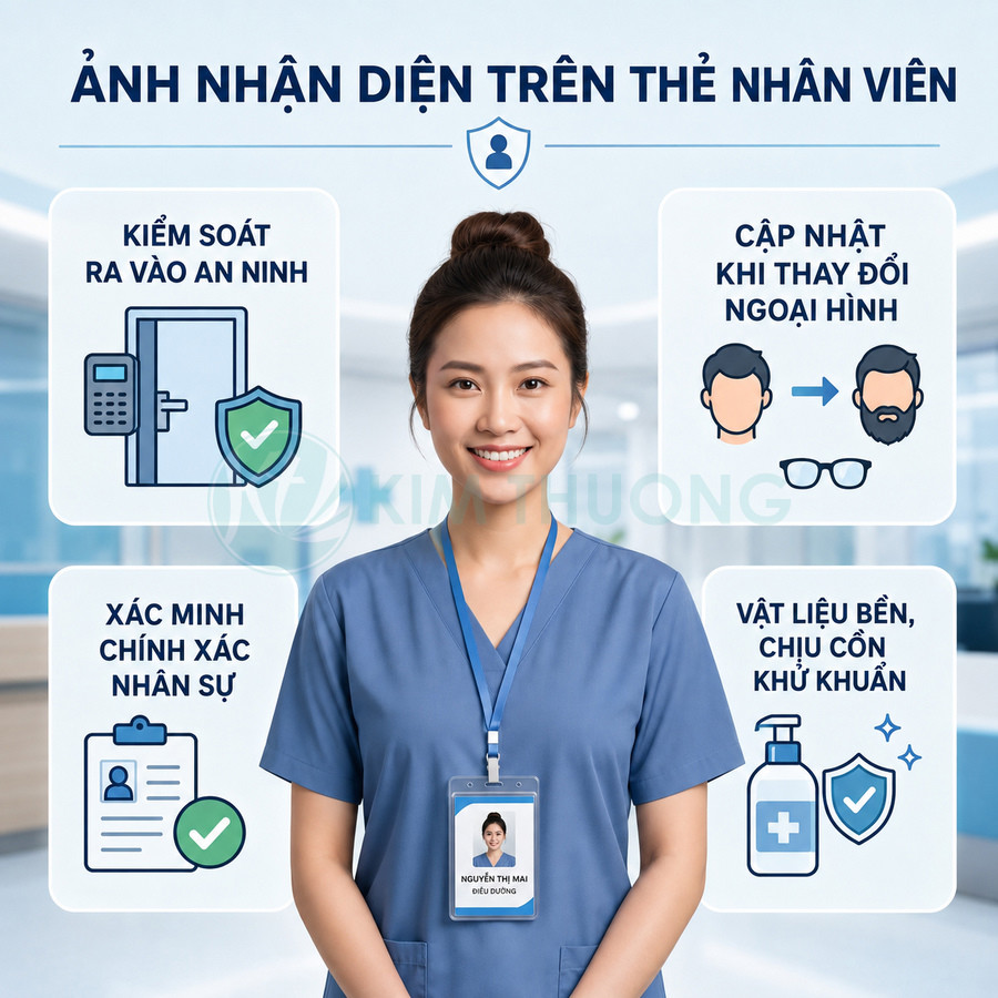 Nhân viên y tế đeo thẻ tên nhân viên bằng nhựa trong suốt trên dây đeo xanh trong bệnh viện