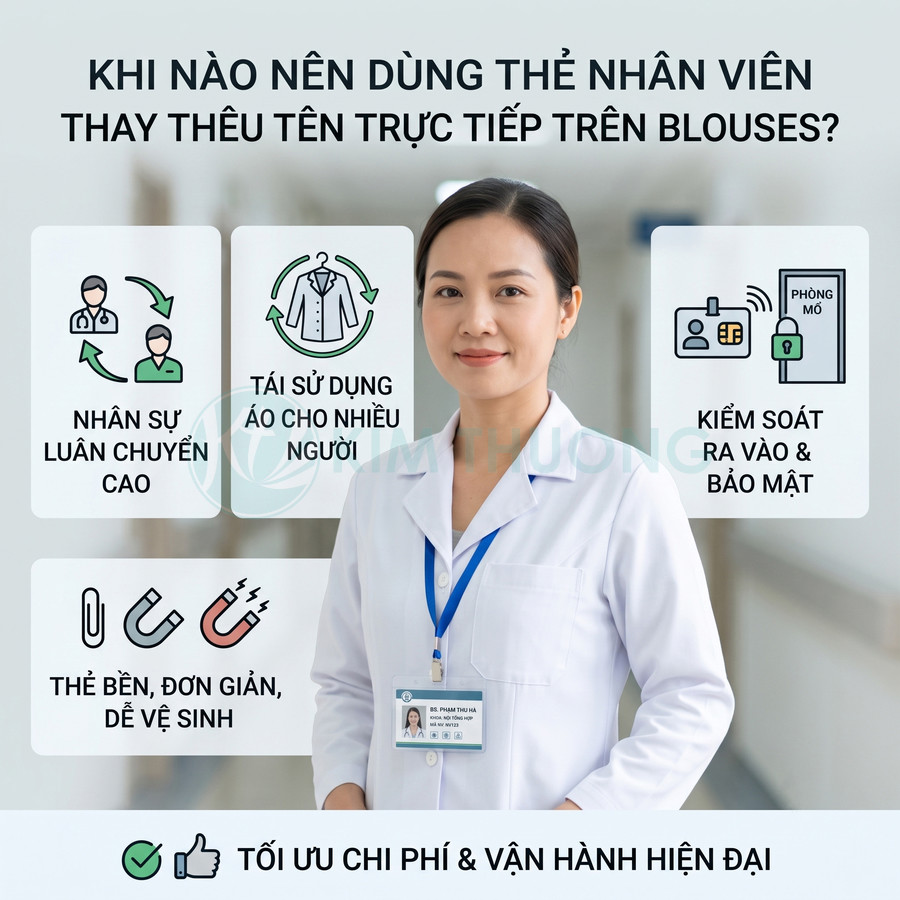 Nữ bác sĩ mặc áo blouse trắng đeo thẻ nhân viên bệnh viện bằng dây đeo xanh trong hành lang y tế