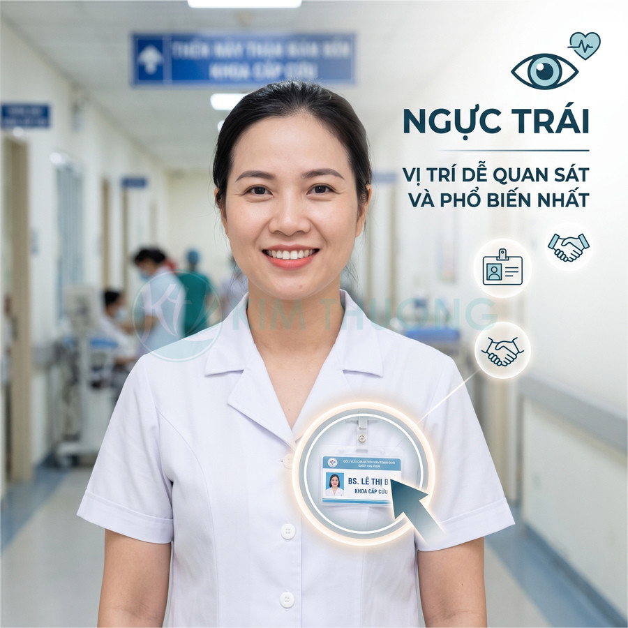 Bác sĩ mặc áo blouse trắng đeo bảng tên nhựa ở ngực trái trong hành lang bệnh viện