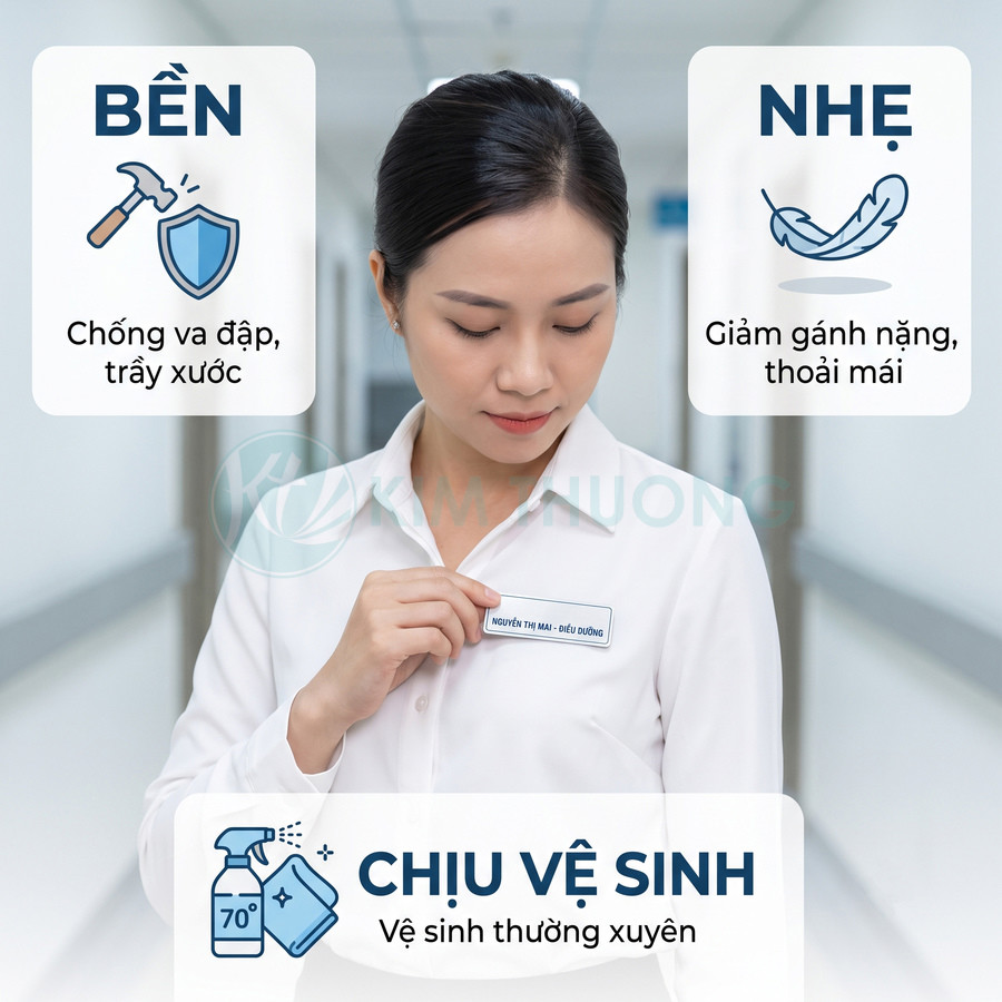Nữ điều dưỡng cài bảng tên nhân viên trên áo, giới thiệu thẻ tên bền nhẹ dễ vệ sinh trong bệnh viện