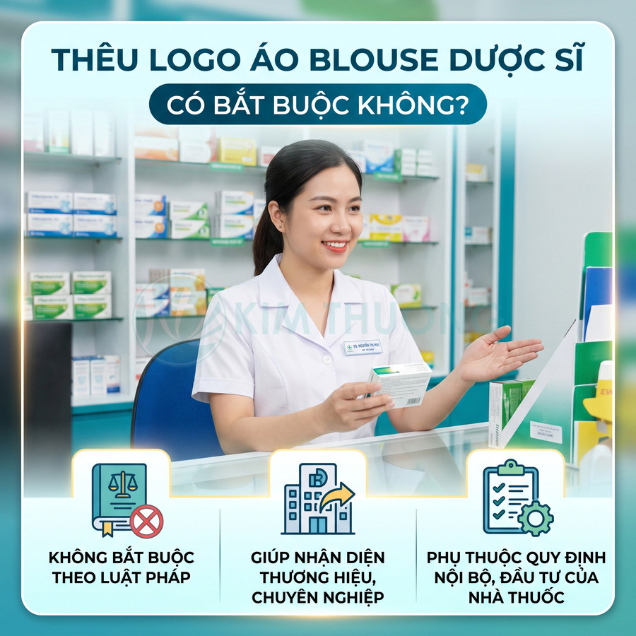 Dược sĩ mặc áo blouse thêu logo tư vấn thuốc cho khách tại nhà thuốc hiện đại