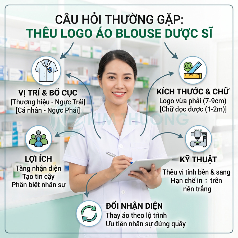 Dược sĩ mặc áo blouse trắng thêu logo đứng trong nhà thuốc cầm bút và bảng ghi chép