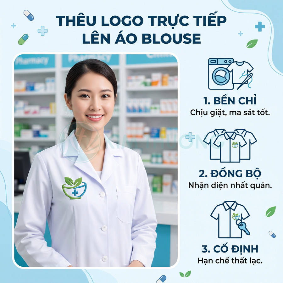 Dược sĩ mặc áo blouse trắng thêu logo nhà thuốc màu xanh đứng trong quầy thuốc hiện đại