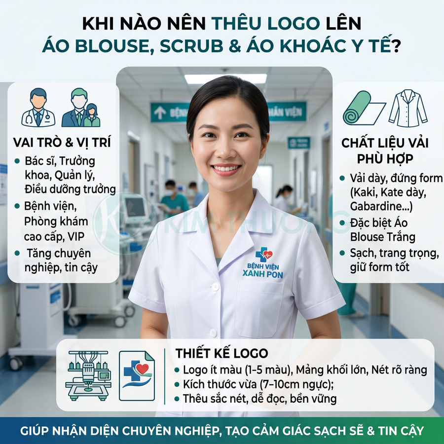 Nữ bác sĩ mặc áo blouse trắng thêu logo Bệnh viện Xanh Pôn đứng trong hành lang bệnh viện