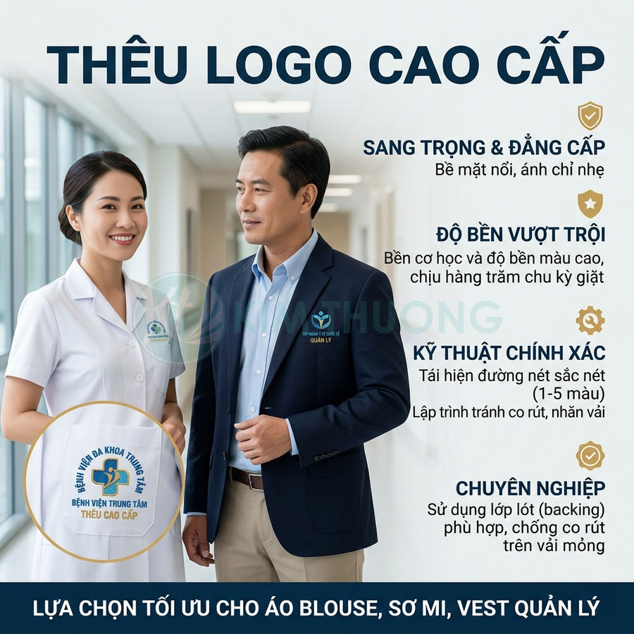 Đồng phục y tế thêu logo bệnh viện cao cấp trên áo blouse nữ và vest nam quản lý trong hành lang bệnh viện