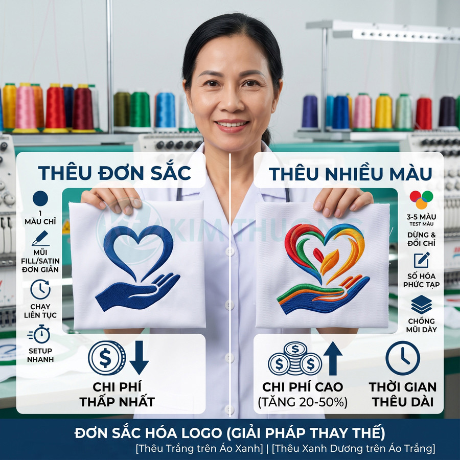 Nhân viên xưởng thêu cầm hai mẫu logo trái tim bàn tay thêu đơn sắc và thêu nhiều màu để so sánh sản phẩm