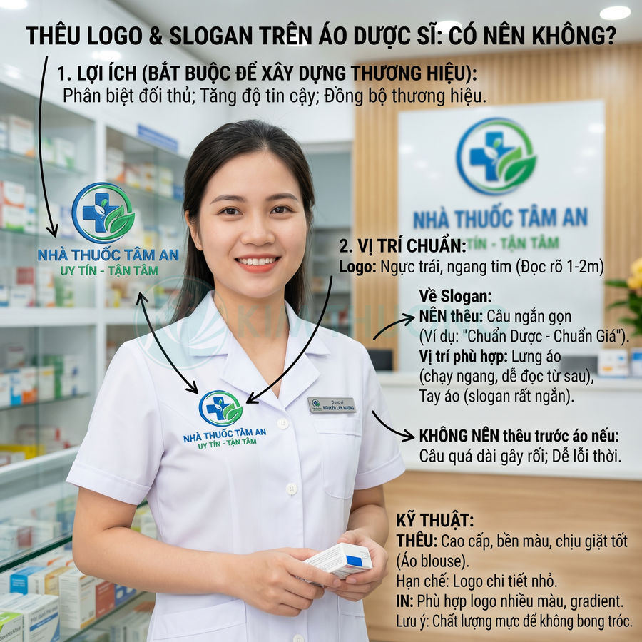 Dược sĩ tại Nhà thuốc Tâm An mặc áo blouse thêu logo và slogan, cầm hộp thuốc trong nhà thuốc