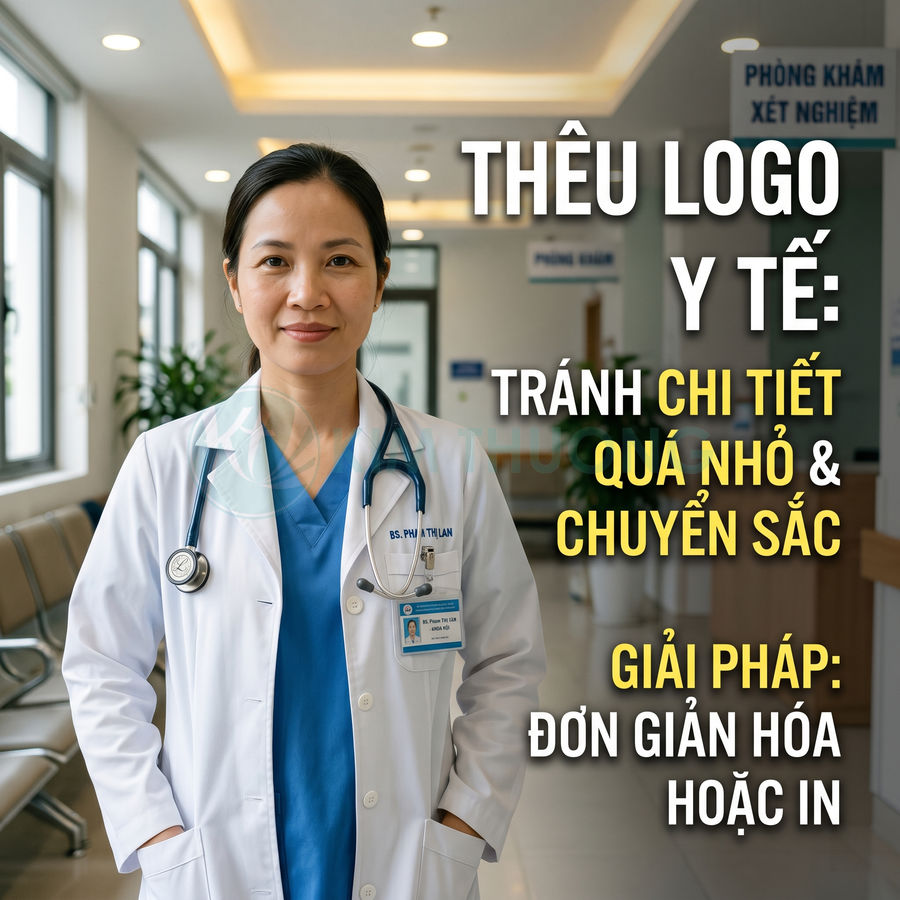 Bác sĩ nữ mặc áo blouse trắng có thêu logo y tế và bảng tên đứng trong hành lang bệnh viện