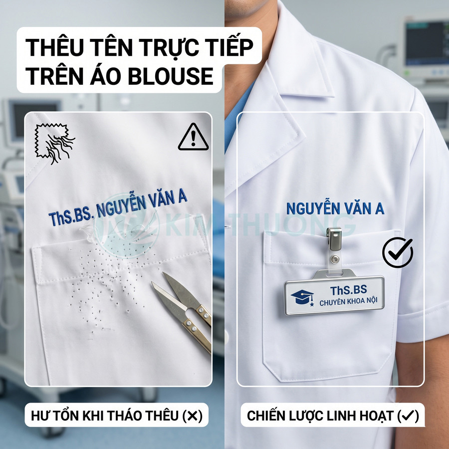 So sánh áo blouse thêu tên gây hư tổn với áo blouse gắn bảng tên thẻ nhựa linh hoạt cho bác sĩ