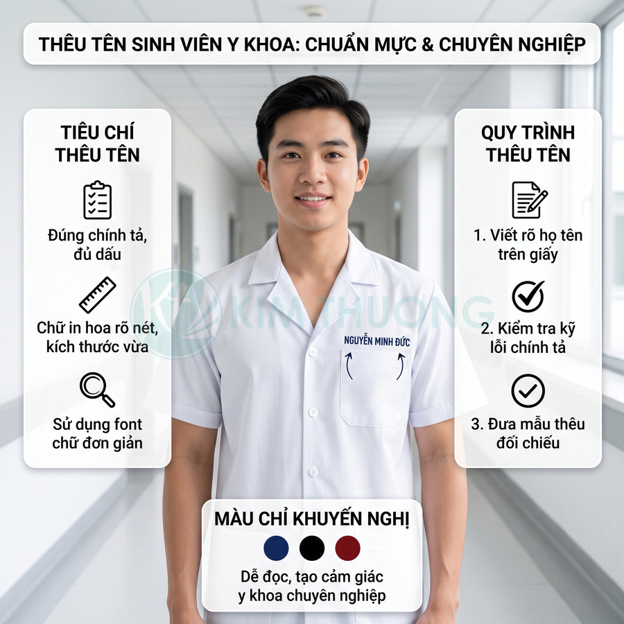 Sinh viên y khoa mặc áo blouse trắng thêu tên Nguyễn Minh Đức trên túi ngực trước hành lang bệnh viện