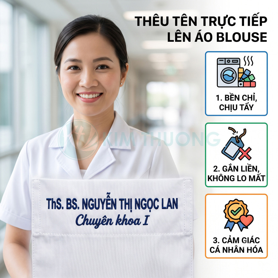 Áo blouse bác sĩ thêu tên ThS BS Nguyễn Thị Ngọc Lan chuyên khoa I, bền chỉ chịu tẩy và gắn liền không lo mất