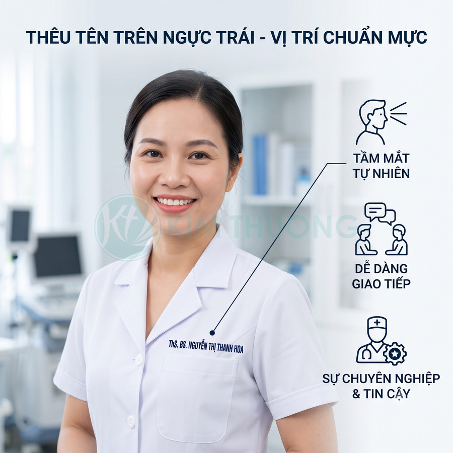 Nữ bác sĩ mặc áo blouse trắng thêu tên trên ngực trái trong phòng khám hiện đại
