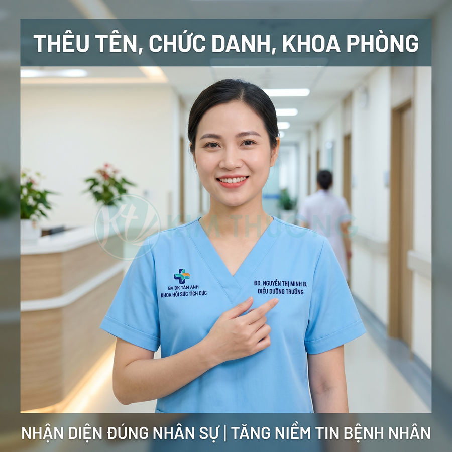 Nữ điều dưỡng bệnh viện mặc đồng phục xanh in tên và chức danh đứng trong hành lang y tế