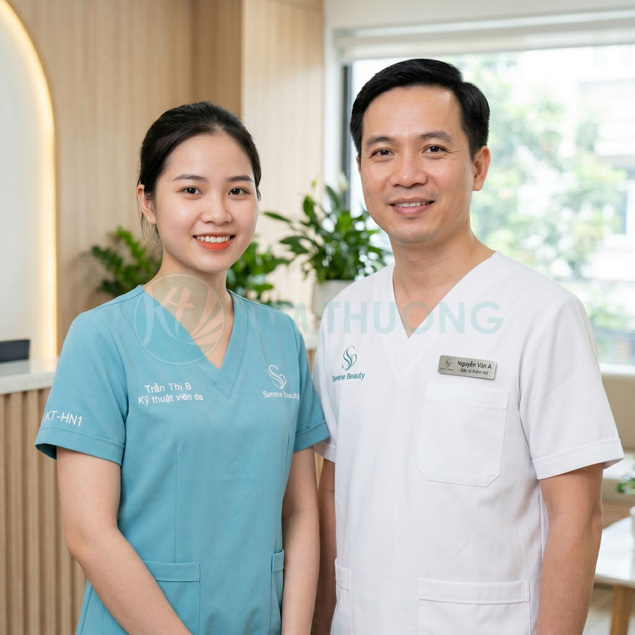 Đồng phục y tá thêu tên bác sĩ thẩm mỹ, chức danh và mã bộ phận tại phòng khám spa hiện đại