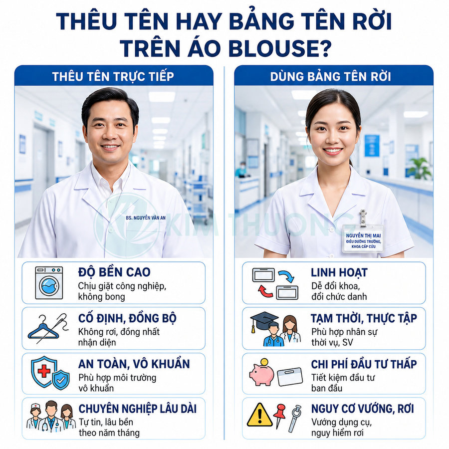 So sánh thêu tên trực tiếp và dùng bảng tên rời trên áo blouse bác sĩ trong bệnh viện
