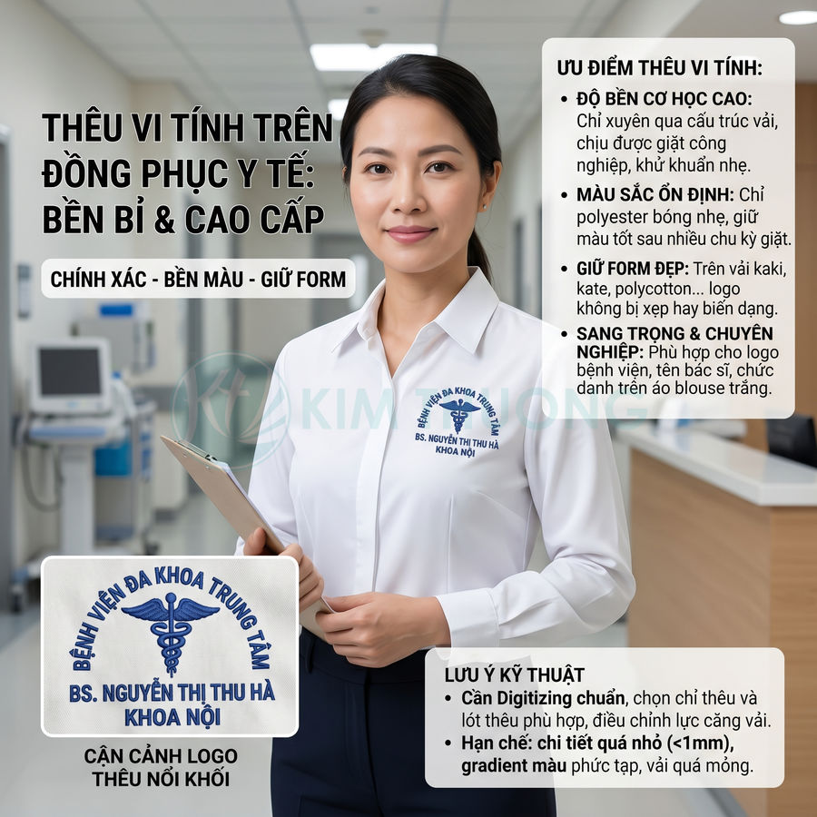 Đồng phục y tế thêu vi tính logo Bệnh viện Đa khoa Trung Tâm trên áo blouse trắng cao cấp