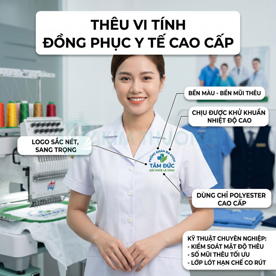 Đồng phục y tế cao cấp thêu vi tính logo phòng khám đa khoa Tâm Đức trên áo blouse trắng nữ