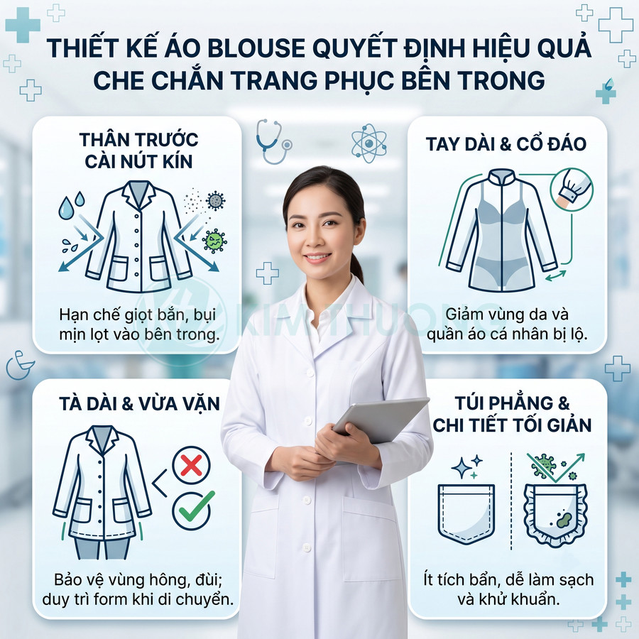 Áo blouse bác sĩ trắng tay dài cổ đứng, tà dài vừa vặn, túi phẳng tối giản, nữ bác sĩ cầm tablet trong bệnh viện