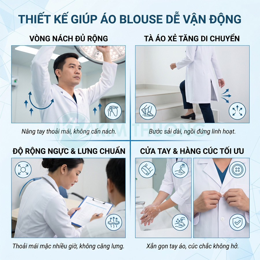 Áo blouse bác sĩ trắng thiết kế rộng rãi, dễ vận động với tà xẻ, tay áo và hàng cúc tối ưu cho làm việc lâu dài