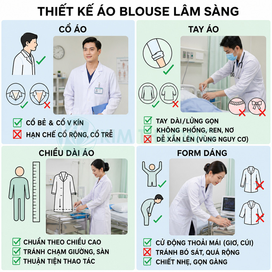 Thiết kế áo blouse lâm sàng trắng cho bác sĩ với cổ kín, tay dài lửng gọn, dáng suông thuận tiện thao tác