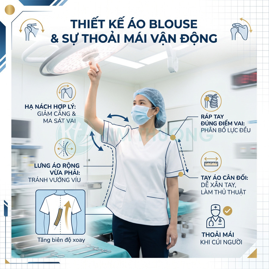 Áo blouse y tế nữ màu trắng thiết kế thoải mái cho bác sĩ, dễ vận động trong phòng phẫu thuật