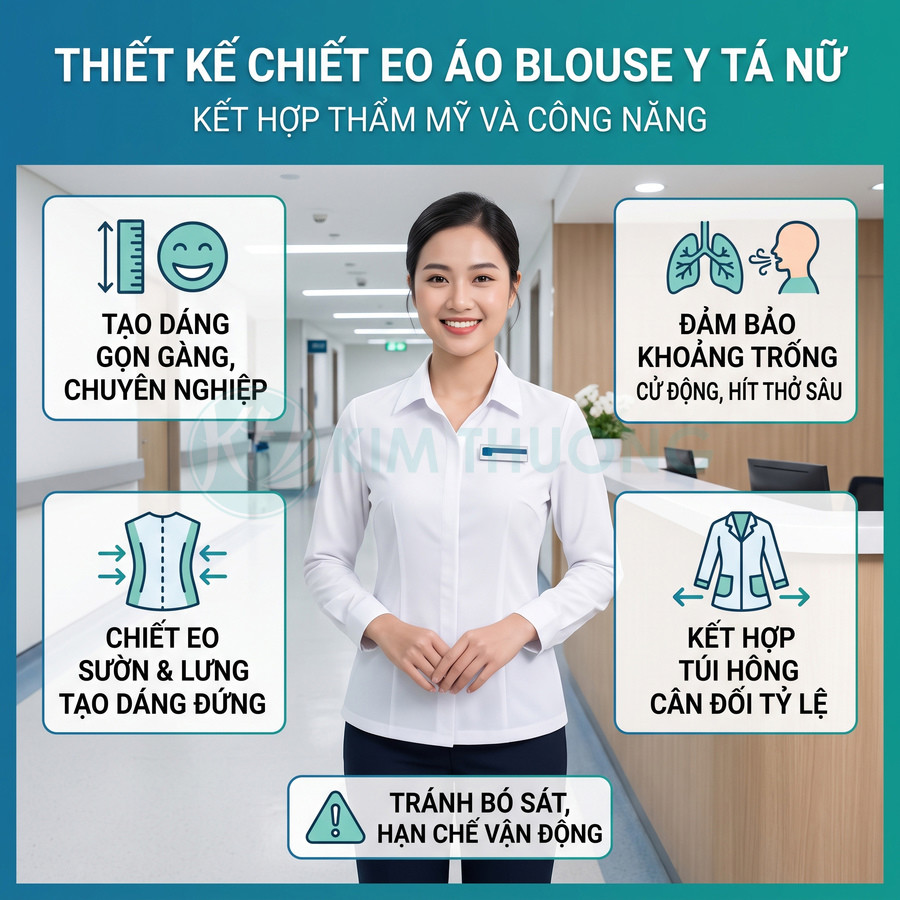 Áo blouse y tá nữ màu trắng chiết eo tôn dáng, cổ bẻ, tay dài, phối túi hông cân đối trong bệnh viện