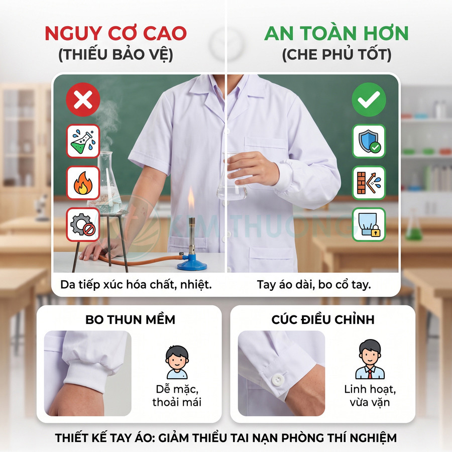 Áo blouse phòng thí nghiệm tay dài, bo cổ tay và cúc điều chỉnh giúp bảo vệ khi làm việc với hóa chất và nhiệt.
