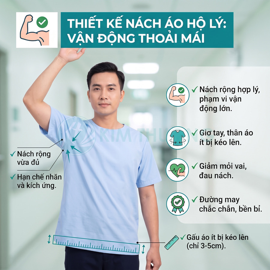 Nam hộ lý mặc áo đồng phục y tế xanh nhạt, thiết kế nách rộng thoải mái, đường may chắc chắn