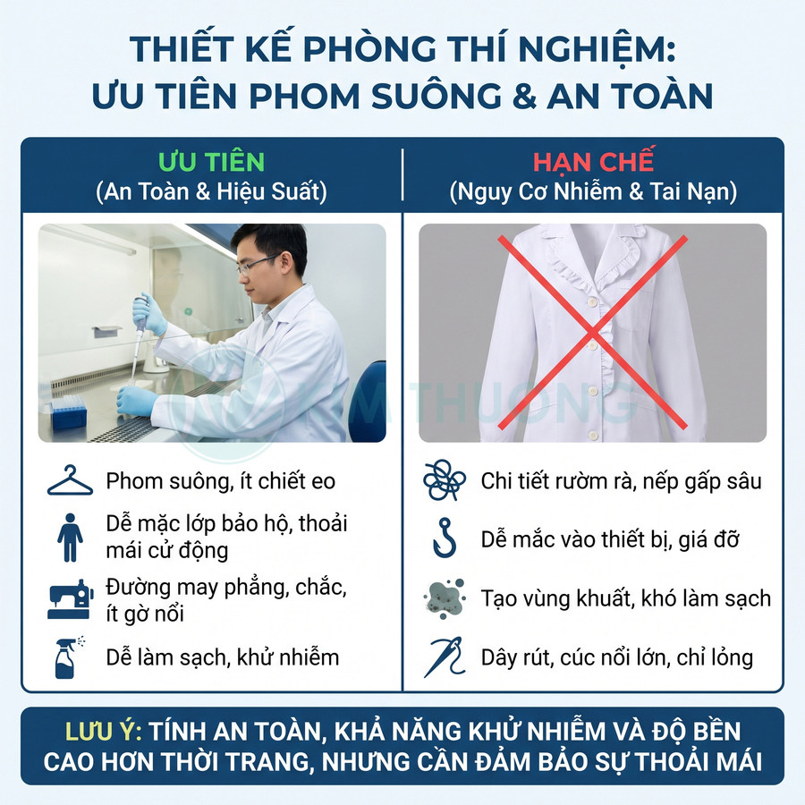 So sánh áo blouse phòng thí nghiệm dáng suông, dễ vệ sinh với áo nhiều nếp gấp, chi tiết rườm rà