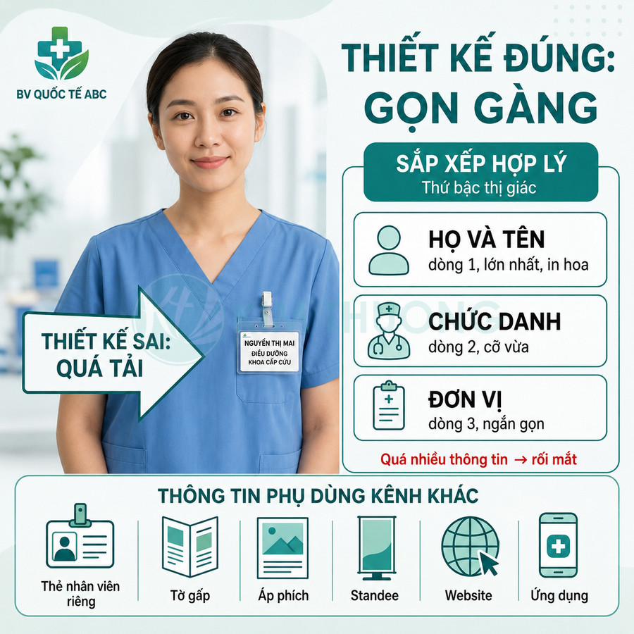 Mẫu thẻ tên nhân viên y tế bệnh viện quốc tế ABC với thiết kế gọn gàng, thông tin rõ ràng