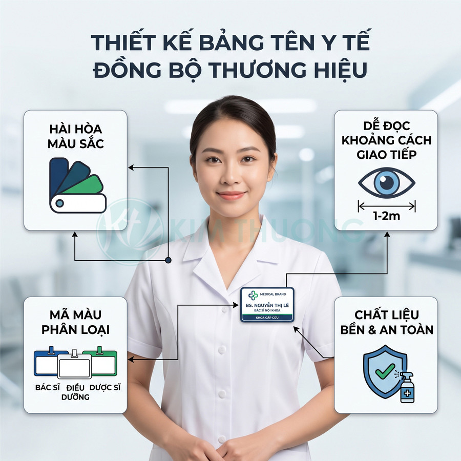 Bảng tên y tế đeo ngực cho bác sĩ nữ, thiết kế đồng bộ thương hiệu, dễ đọc và phân loại bằng mã màu